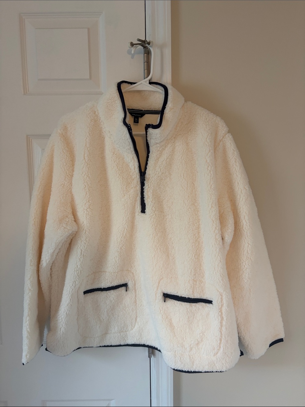 Nautica Cream Sherpa Half-Zip with Navy Trim